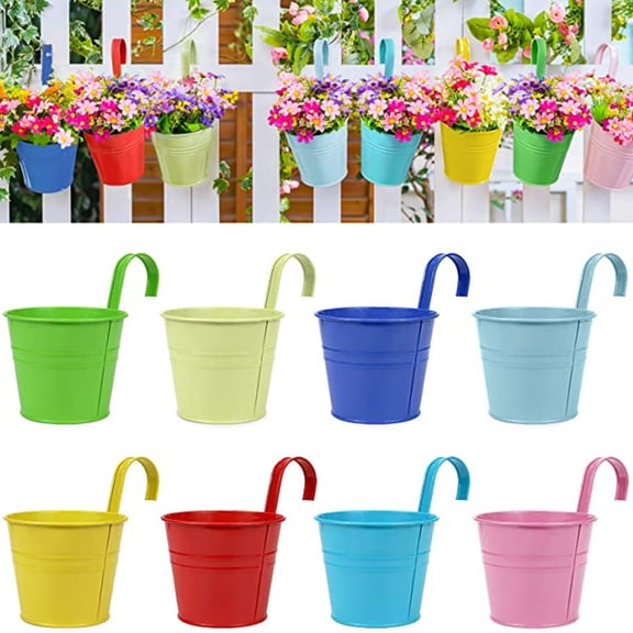 Iron Sheet Hanging Pot with Non Detachable Hook Decorative Metal Bucket for Herb Flowers and Succulent Plant Display White