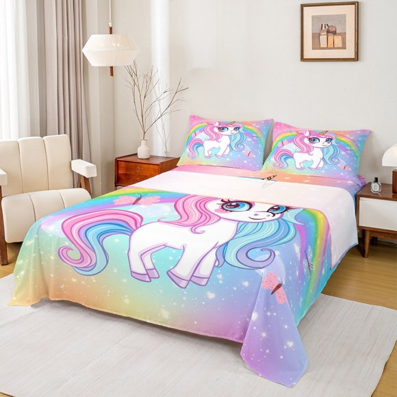 Erosebridal Cute Unicorn Sheet Set Twin, Kawaii Animal Bed Sheets Twin, Rainbow Bedding Sets Twin Size, Breathable Room Decorative, 3 Pieces