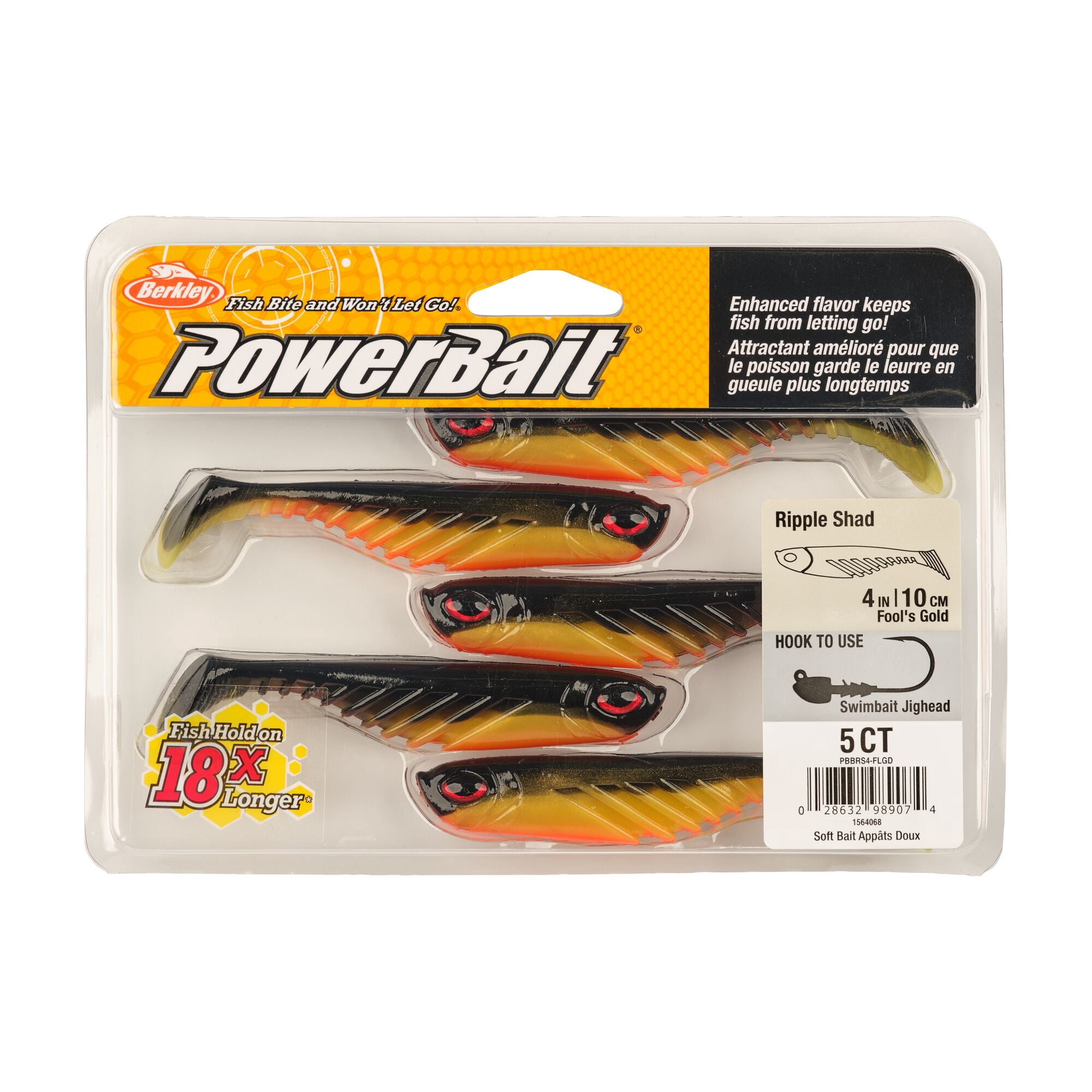 Berkley PowerBait® Ripple Shad, 4 in, Swimbaits, Fool's Gold (5 Count)