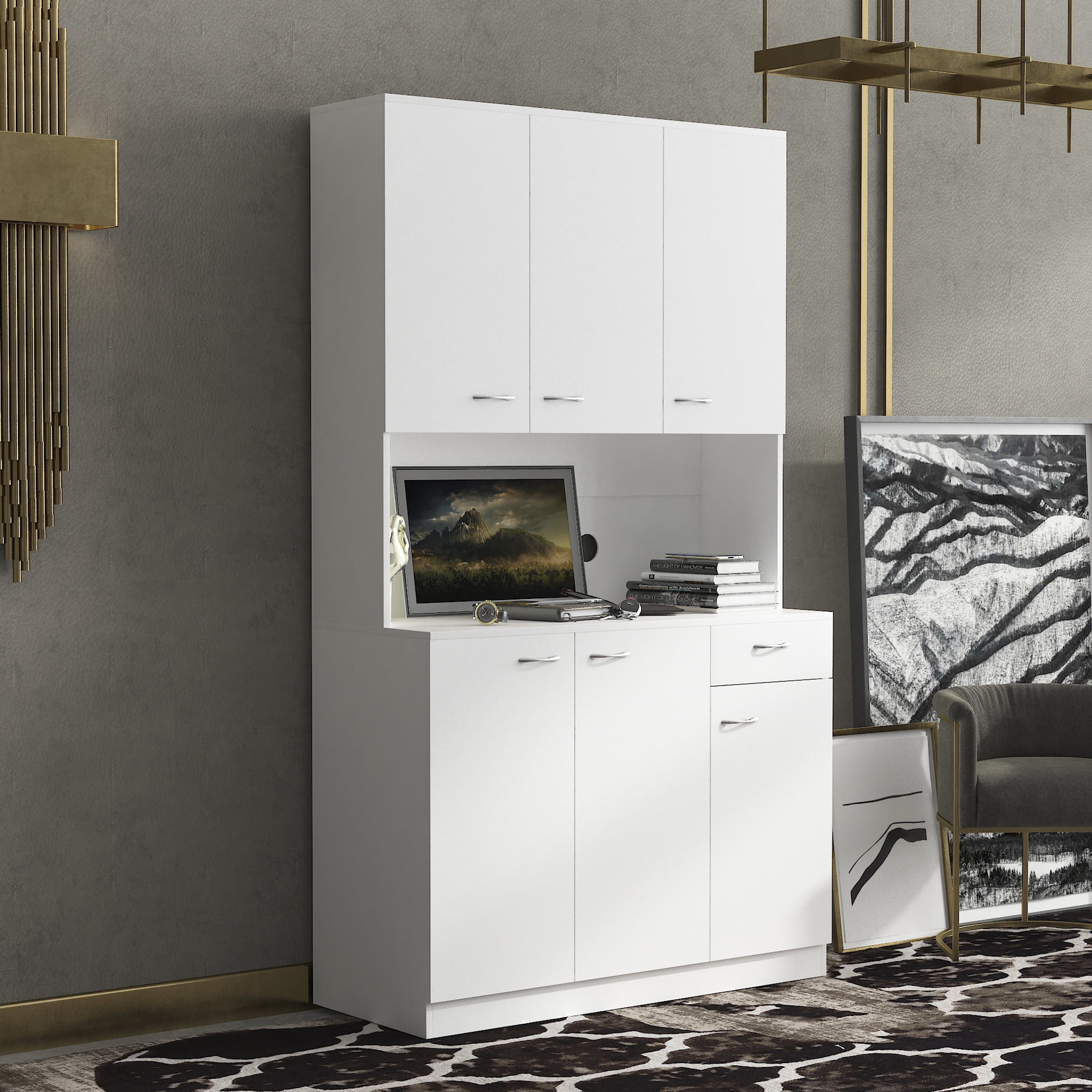 Mintazer 70.8" Tall Kitchen Pantry Cabinet with Open Shelf, Freestanding Food Storage Cabinet with Drawer & 6 Doors for Hallway Living Room Kitchen, White