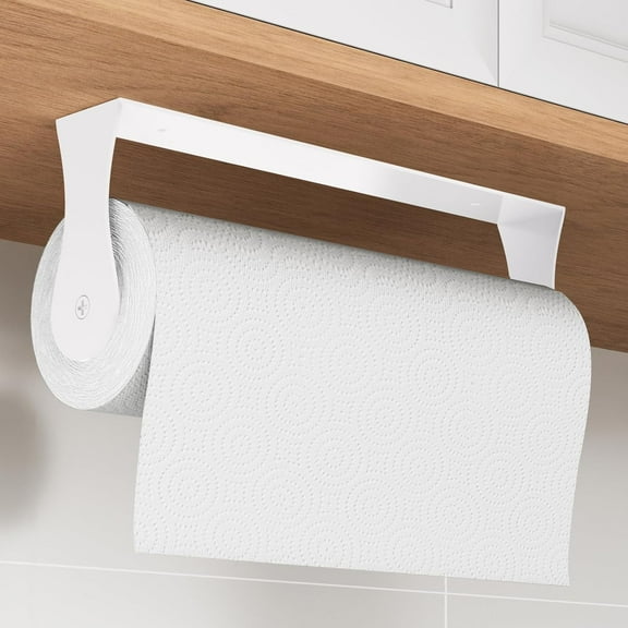 CHIKANSTORE Paper Towel Holder Under Cabinet, White Kitchen Accessories Decor, Wall Mount, White Paper Towel Holder for Bathroom, Stainless Steel, Adhesive or Screws