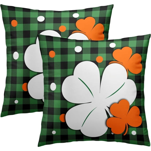 Shamrock St. Patrick''s Day Throw Pillow Covers 18 x 18 Inch Set of 2 Orange Clovers Buffalo Plaid Farmhouse Outdoor Decorative Holiday Seasonal Pillowcase for Home Sofa Porch