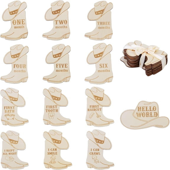 13PCS Cowboy Wooden Baby Monthly Photo Cards, Hello World Wooden Photo Booth Props, Newborn Baby Growth Monthly Photo Cards for Cowboy 1st Birthday Baby Shower Pregnancy Announcement Party