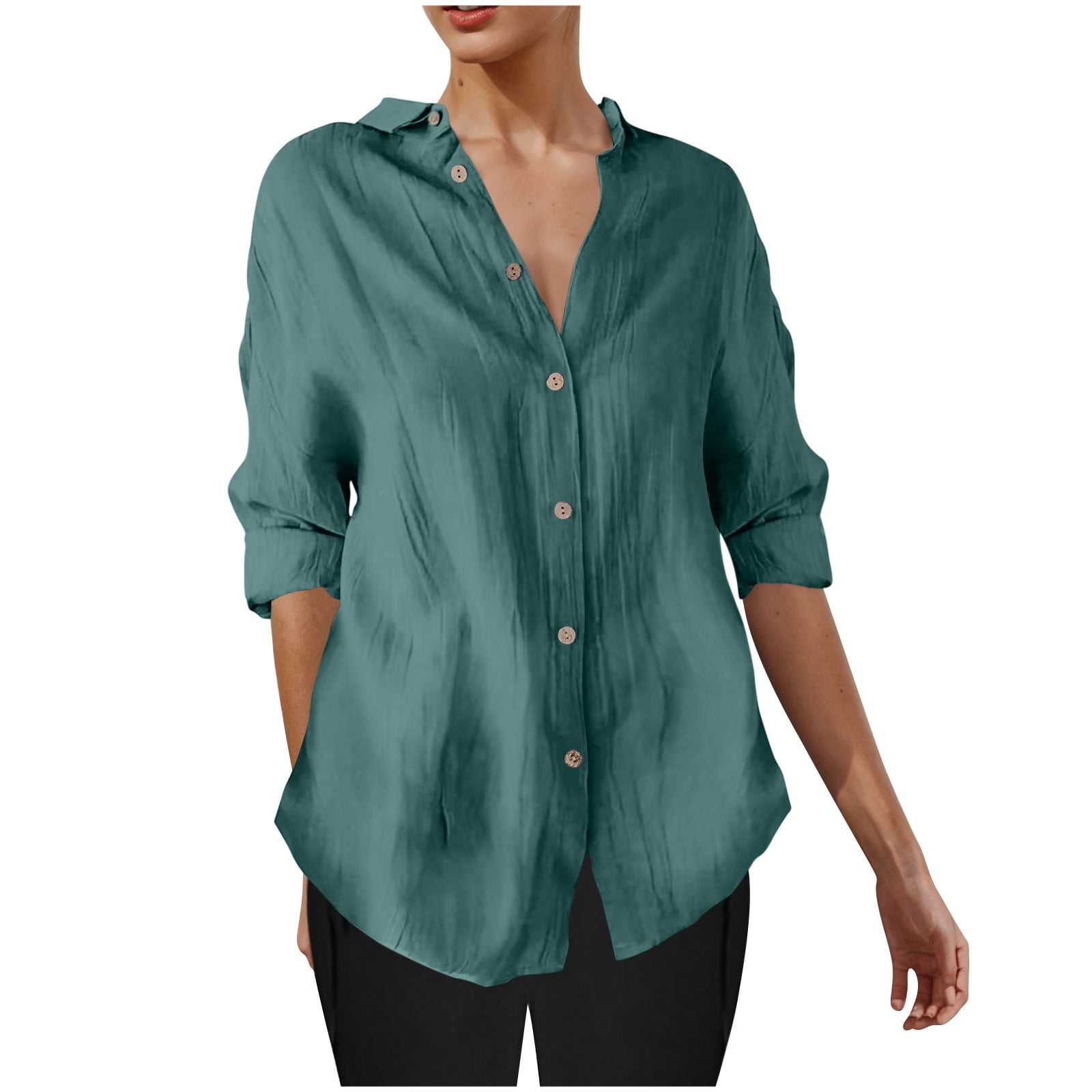 ylioge S-4X Plus Size Shirts for Women 3/4 Sleeve Button-Down Blouses Tops Womens Casual Lightweight Solid Color Collared Work Tshirts Top