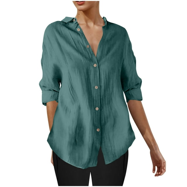 Timegard 3/4 Length Sleeve Tops for Women Button down Shirts Lightweight Solid Color Casual Work Blouse