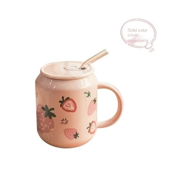PTSPLLMY Cup Children's Office Strawberry Mug with Spoon Ceramic Water Cup Lovely Fruit Summer Straw Coffee Cup