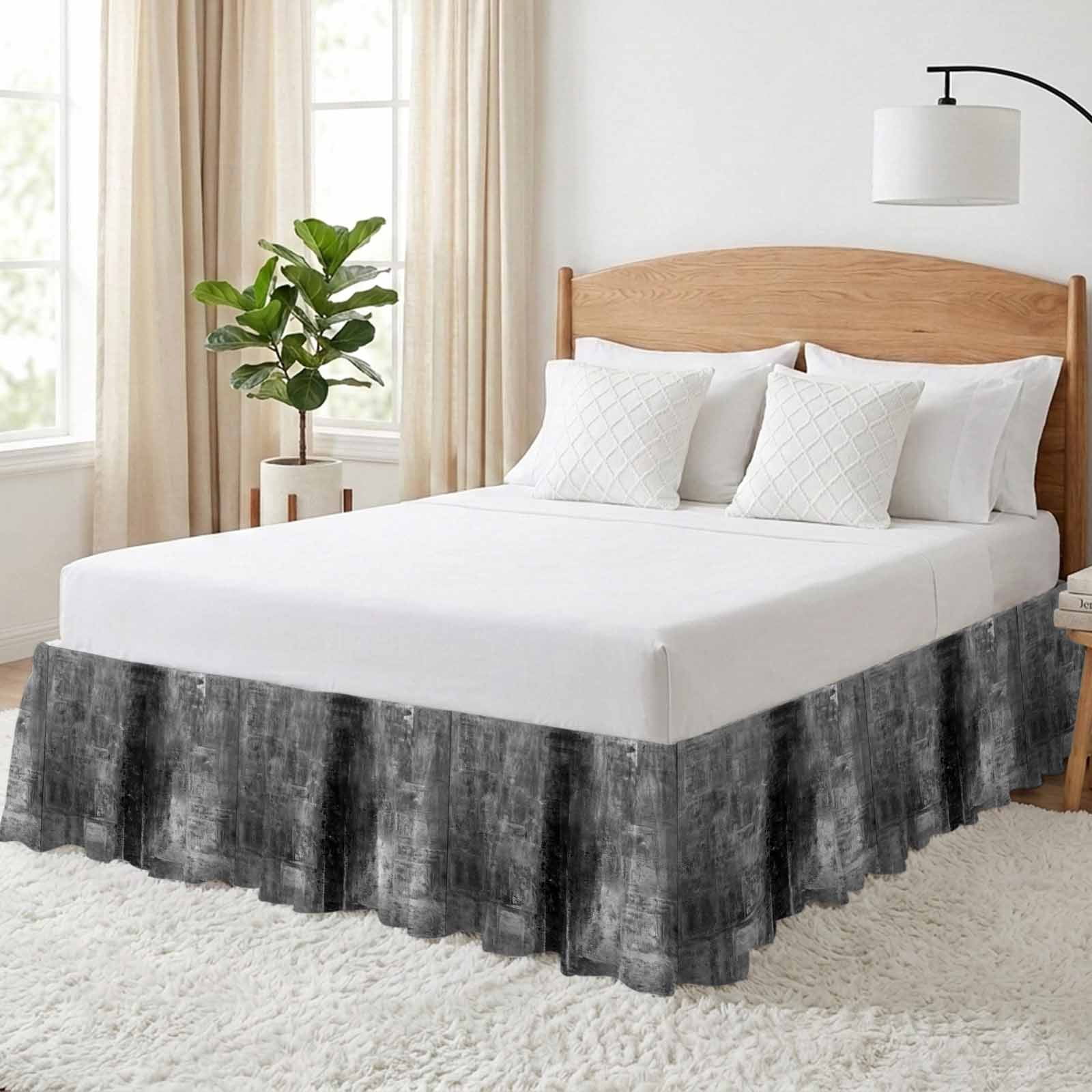 Gray Bed Skirt King Size 16 Inch Drop, Adjustable & Elastic Wrap Around Bed Skirts Pleated Dust Ruffles For Twin Full Queen Cal King Base Beds, Retro Oil Painting Modern Abstract Art Aesthetics