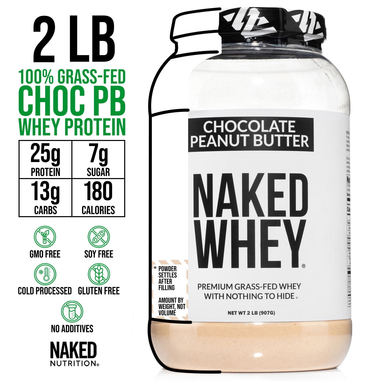 Naked Chocolate Peanut Butter Grass Fed Whey, 25g Protein, Nothing Artificial, 2LB - 21 Servings