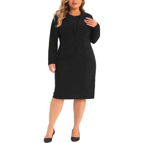 Agnes Orinda Plus Size Dress Suits for Women Two Piece Outfits Blazers Jacket and Sleeveless Dress Business Casual Suit Sets 1X Black