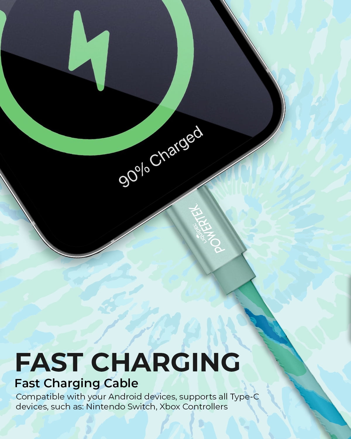 Liquipel Powertek Type-C Fast Charger Cable, 6ft USB-C for Galaxy, Note, Tab, MacBook, Tie Dye