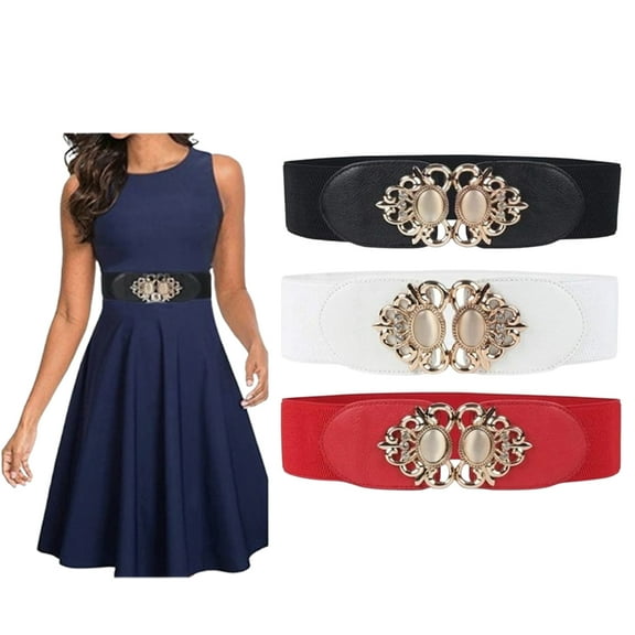 3 Pack Comfort Fit Elastic Waist Belt - Soft Wide Stretch, Secure Metal Clasp - Women's Decorative Belt Ideal for Gift, Office and Daily Wear