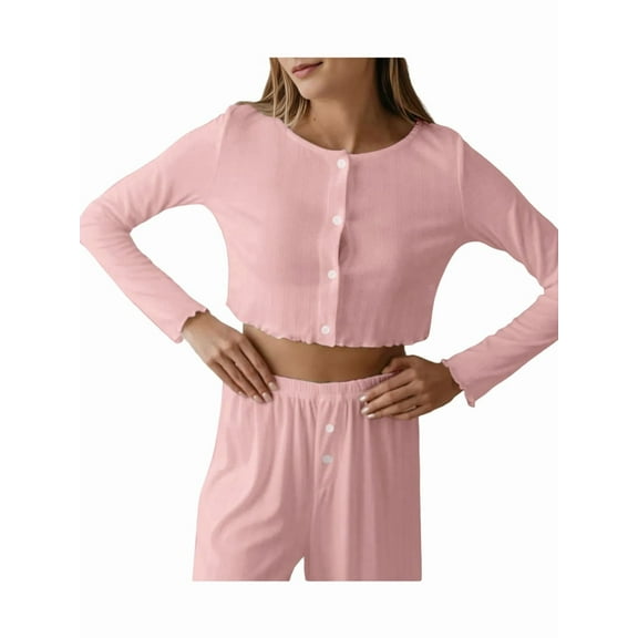 Womens 2 Piece Outfits Crewneck Long Sleeve Tops Wide Leg Long Pants Casual Lounge Set Tracksuit Pink S