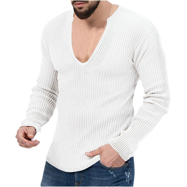 Blusas y camisas de manga larga con cuello en V para hombre, camisetas casuales de manga larga, jersey de punto, camisa de color liso con cuello en V, blusa para hombre