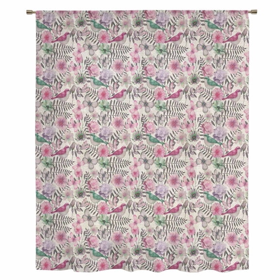 Vintage Pink Flower Sheer Curtains 45" Long, Spring Floral Leaves Pastoral Birds Plants Light Filering Curtains, Breathable Simi Curtain Privacy Drapes for Kitchen Bathroom Small Window Treatment