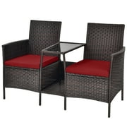 Patiojoy Patio Loveseat 2 Person Cushioned Seats With Center Table Outdoor Rattan Furniture Set  Red