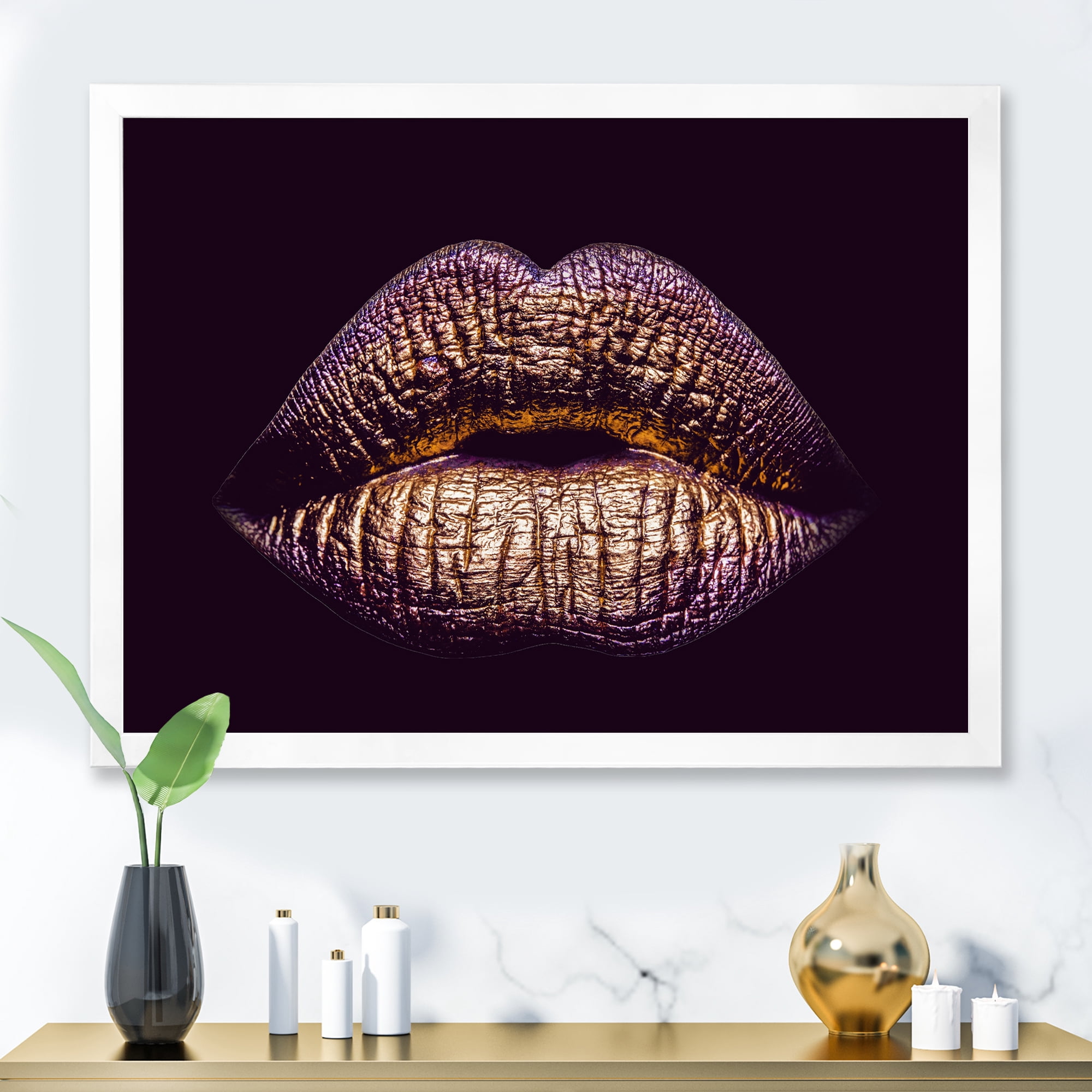 Designart 'Sexy Golden Metallized Woman Lips III' Modern Framed Art Print