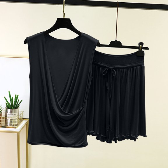 Ohufall Two Piece Pajama Sets for Women V Neck Sleeveless Tops Pleated Elastic Waist Trouser Pj Sets