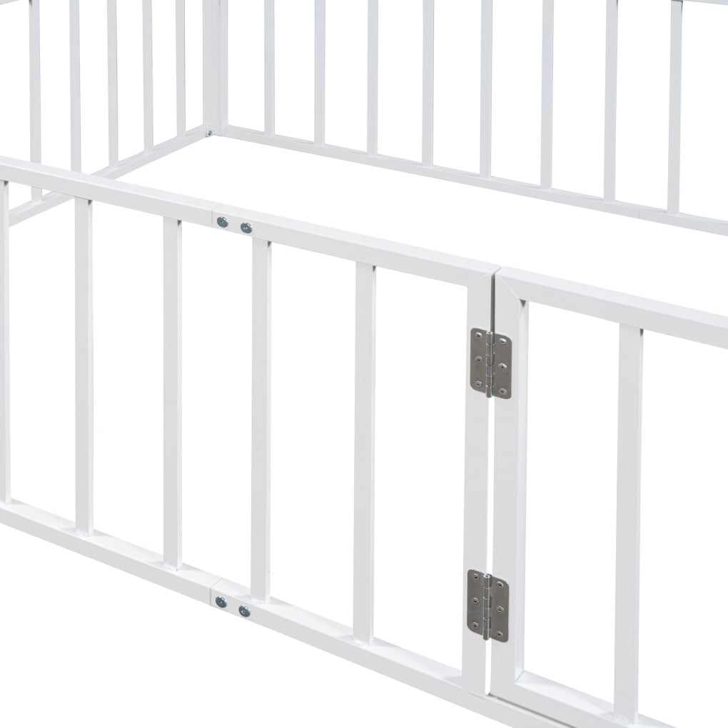 Full Size Floor Bed for Kids and Toddlers, Metal Montessori Floor Bed with 21.7" High Full-Length Fence and Door, Safety Montessori Bed Frame for Kids Girls and Boys, No Slats Supports, White