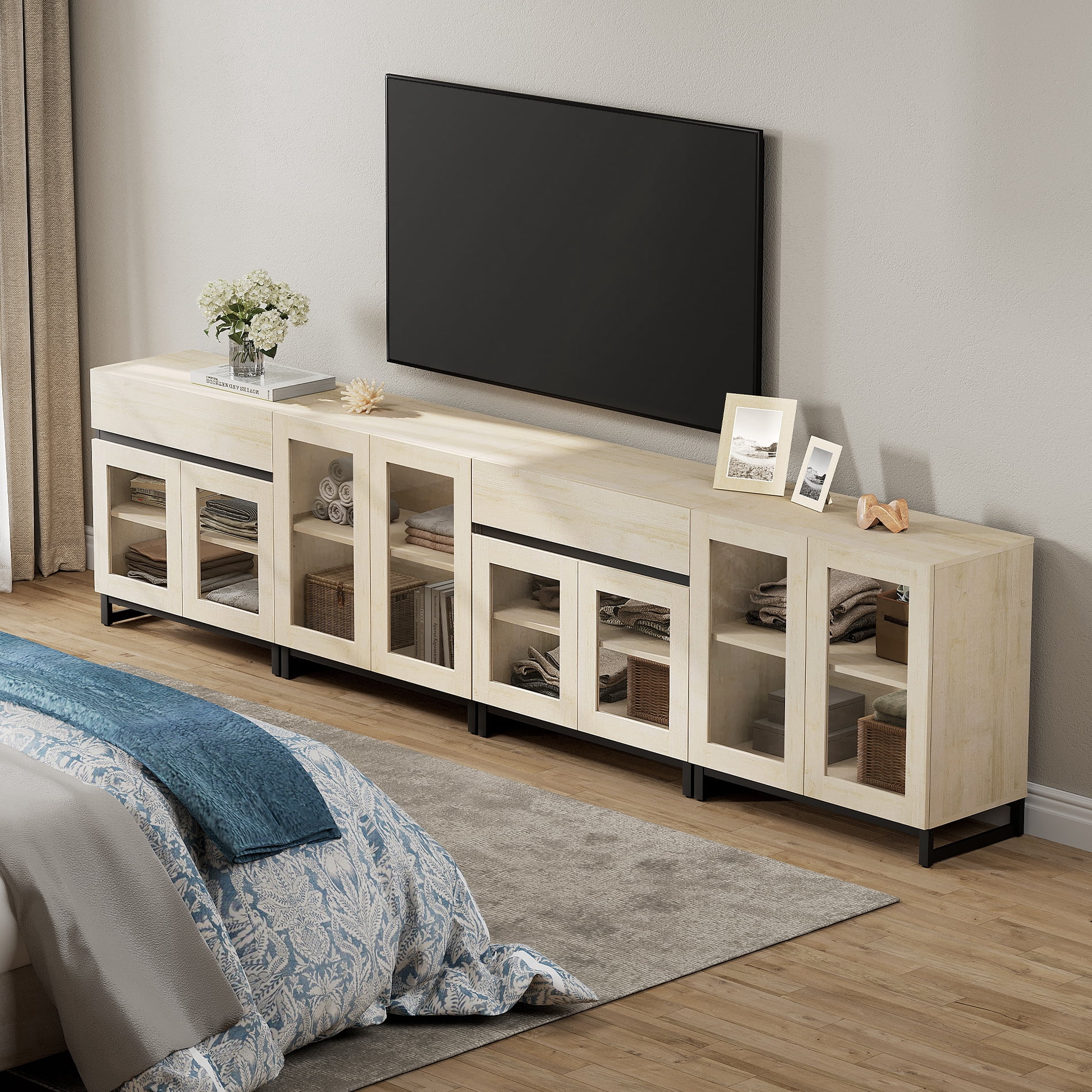 Modern TV Stand For Tvs Up To 120 Inches, 4 In 1 TV Console With Glass Doors And 2 Drawers, Entertainment Center With Adjustable Shelf For Living Room, Bedroom,Beige