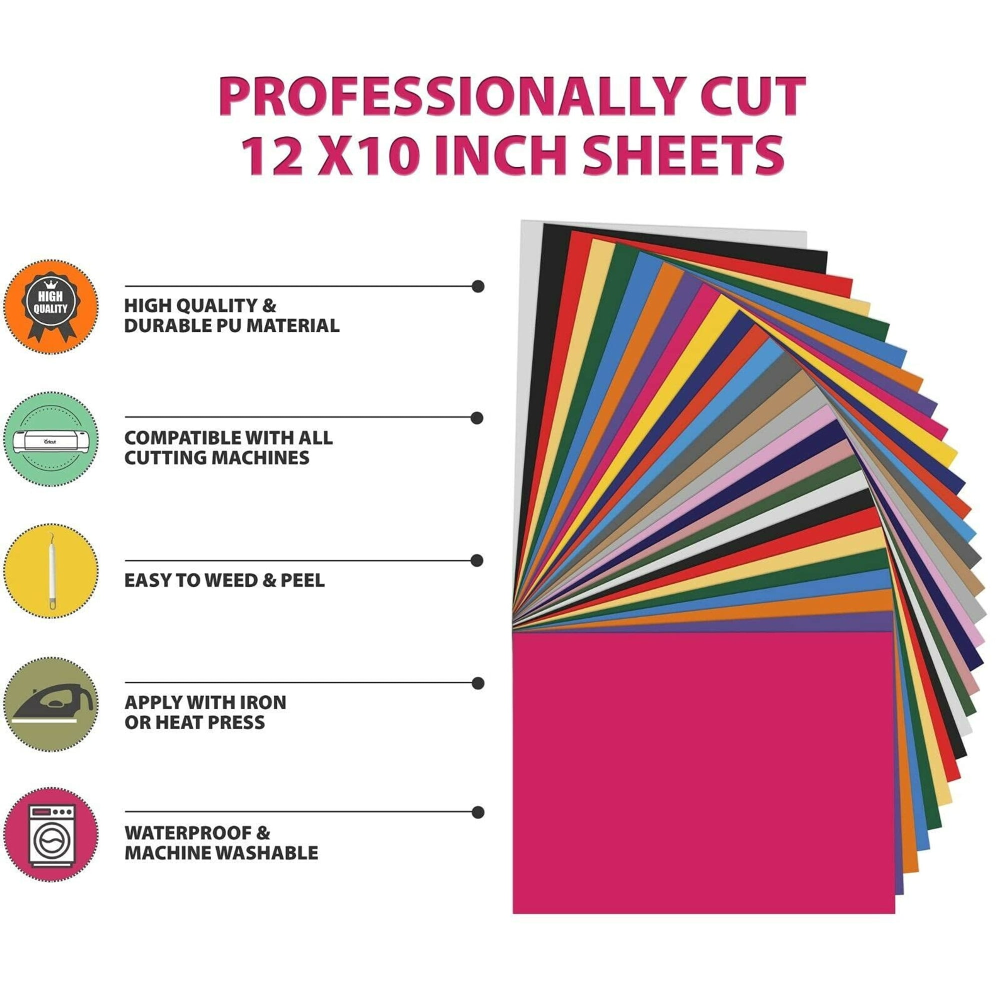 Kassa HTV Assorted Colors Heat Transfer Vinyl:30 Sheets is 12” x 10” Each; Iron-on,Clothing and Textiles; Includes Teflon Sheet and Weeding Tool for Easy Transfers,Leather.Multi-color
