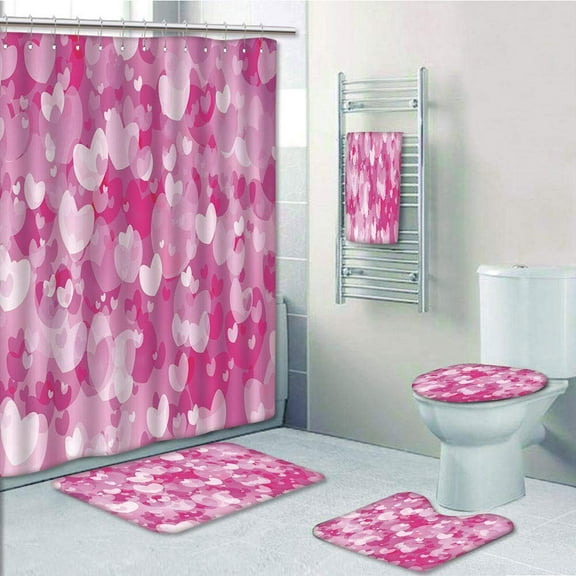 PRTAU Hot Consisting of Various Shaped Vibrant Colored Hearts Love Valentines 5 Piece Bathroom Set Shower Curtain Bath Towel Bath Rug Contour Mat and Toilet Lid Cover