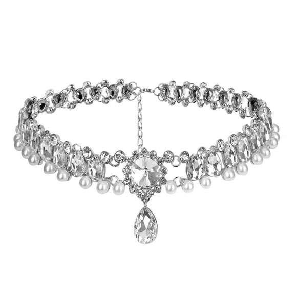 Elegante collar encanto perla simulada y diamantes de imitación cuentas gargantilla collar para mujer (plata)