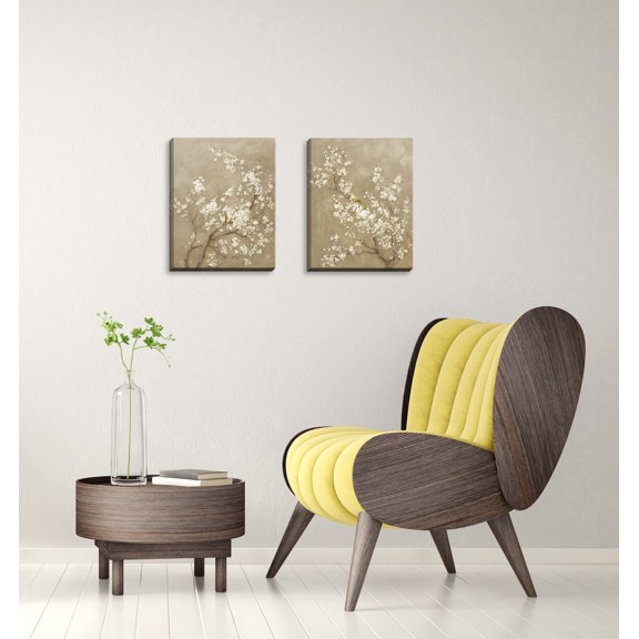 Gango Home Decor Contemporary White Cherry Blossom I & II Neutral Crop Bird; Two 11x14in Hand-Stretched Canvases