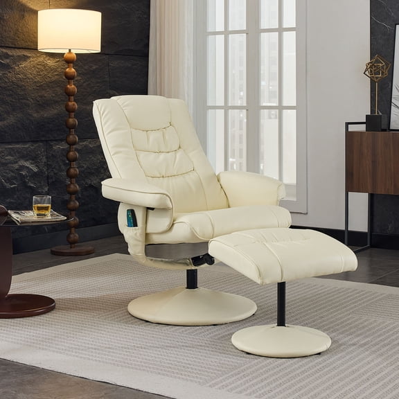 Leather Massage Reclining Chair with Ottoman Set, 360° Swivel Design and Seat Heating for Home or Office Comfort