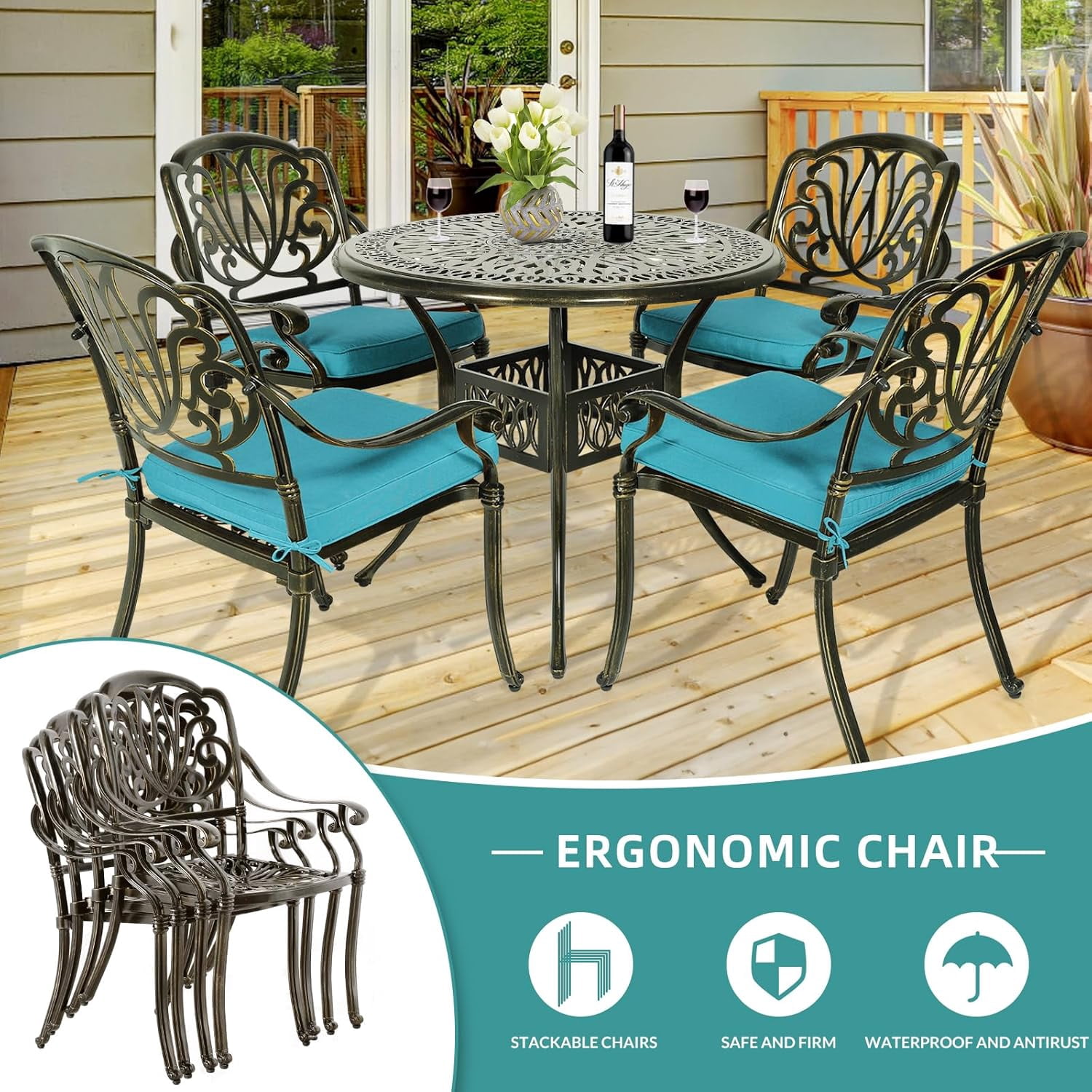 MEETWARM 5 Piece Outdoor Furniture Patio Dining Set, All-Weather Cast Aluminum Patio Table and Chairs Set- 4 Cushioned Chairs, 1 Round Dining Table with Umbrella Hole for Backyard, Ocean Blue