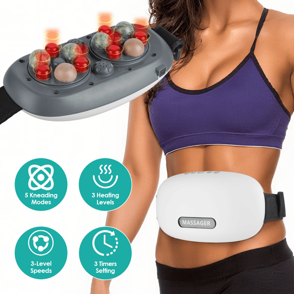 Stone Abdominal Massager - Dual Rotating Heads with 6 Red Lights, 5 Modes 3 Speeds 3 Heat Settings, 2500mAh Rechargeable, Adjustable Belt for Menstrual/Bloating Relief