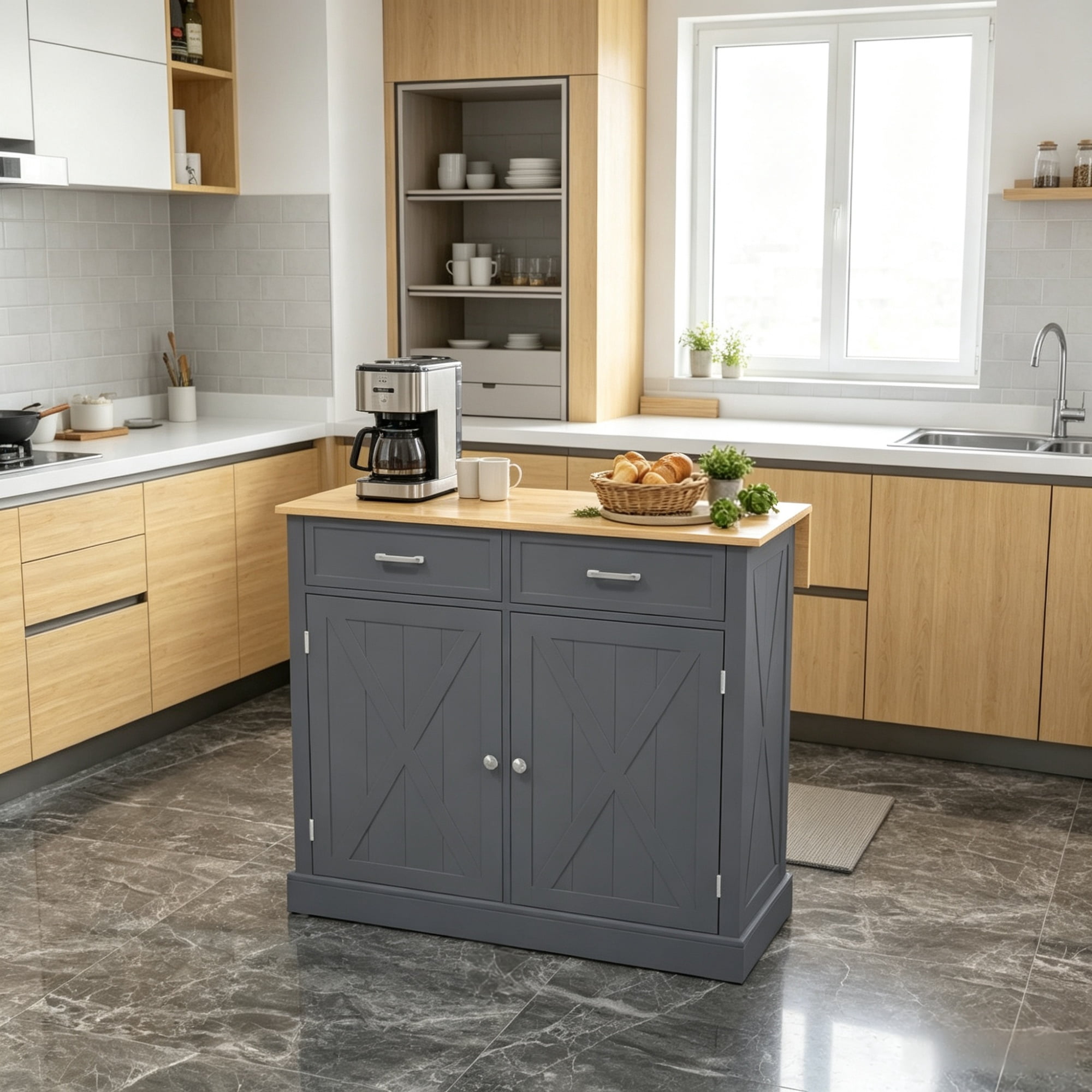 Farmhouse Kitchen Cart, Rolling Island with Drop Leaf Wood Breakfast Bar, 2 Drawers & Adjustable Shelves, Dark Gray