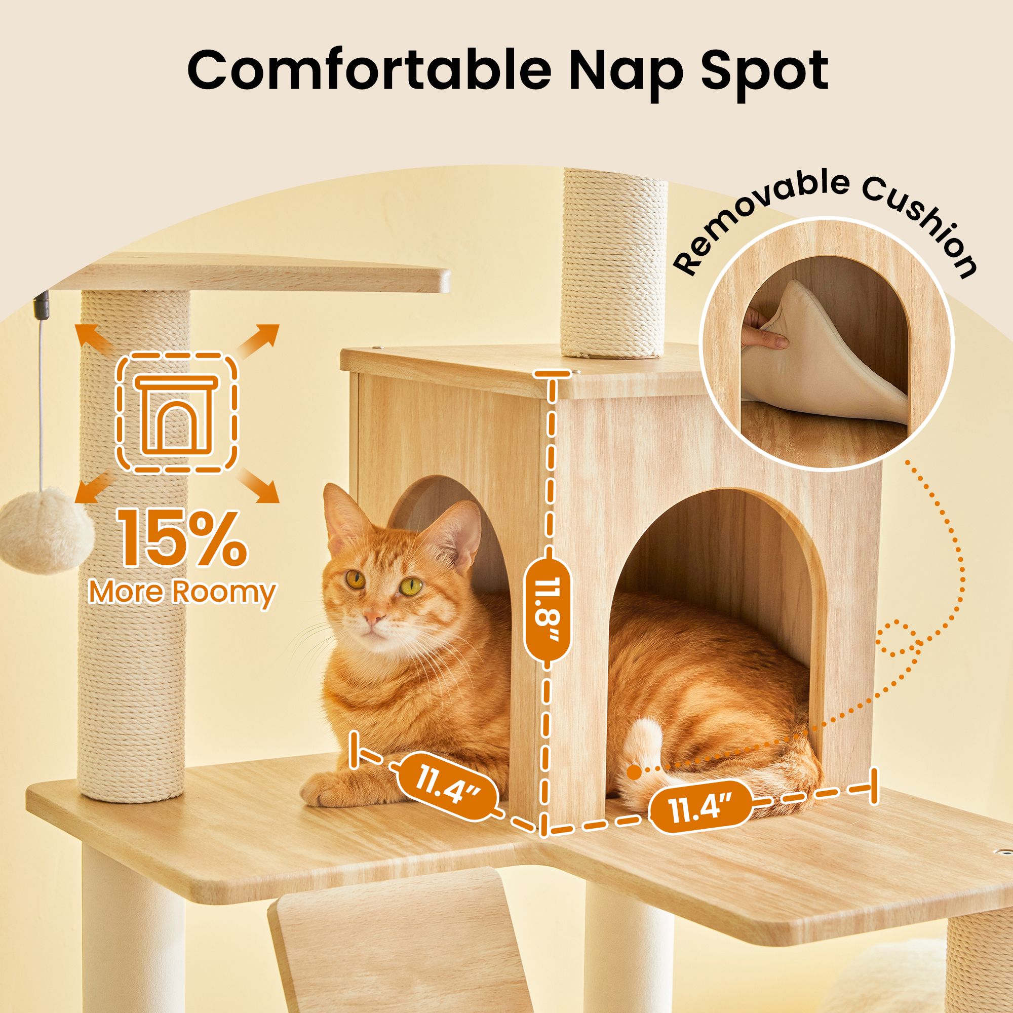 MWPO Large Modern Cat Tree - 70 inch Tall Cat Tower for Indoor Cats, Multi-Level Cat Condo with 7 Fully Wrapped Scratching Posts,Spacious Perches, Hammock, Removable Pad & Dangling Balls-Light Brown
