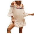 thumbnail image 2 of Xuyuer Womens Floral Embroidered Off Shoulder Long Sleeve Short Dresses Hollow Out Swimsuits Cover Ups Beach Cover Bathing Suit Bikini Wear, 2 of 5