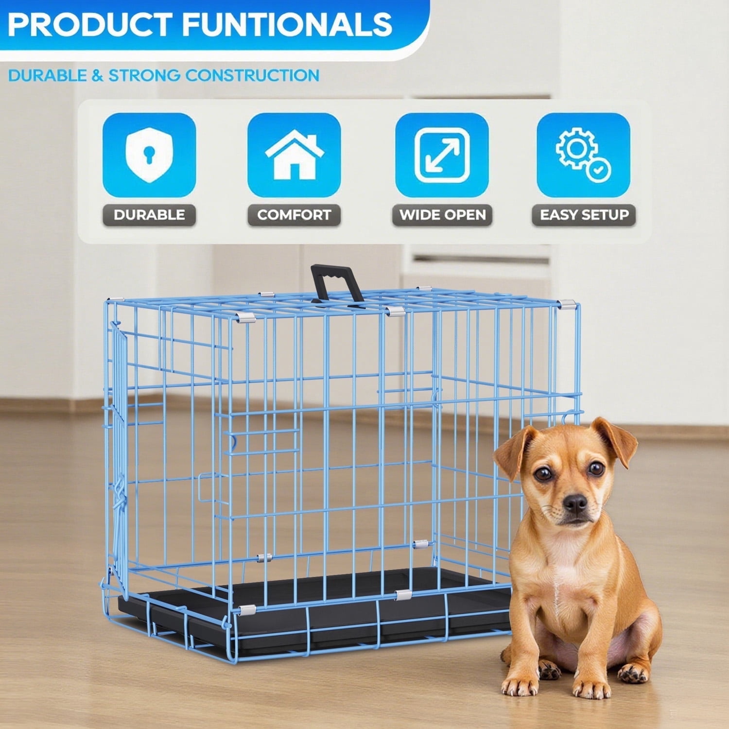 Small Dog Crate 18" Puppy Cage Dog Kennel Dog Cage Foldable Metal Wire Pet Cage with Handle Plastic Tray for Puppies （Blue）