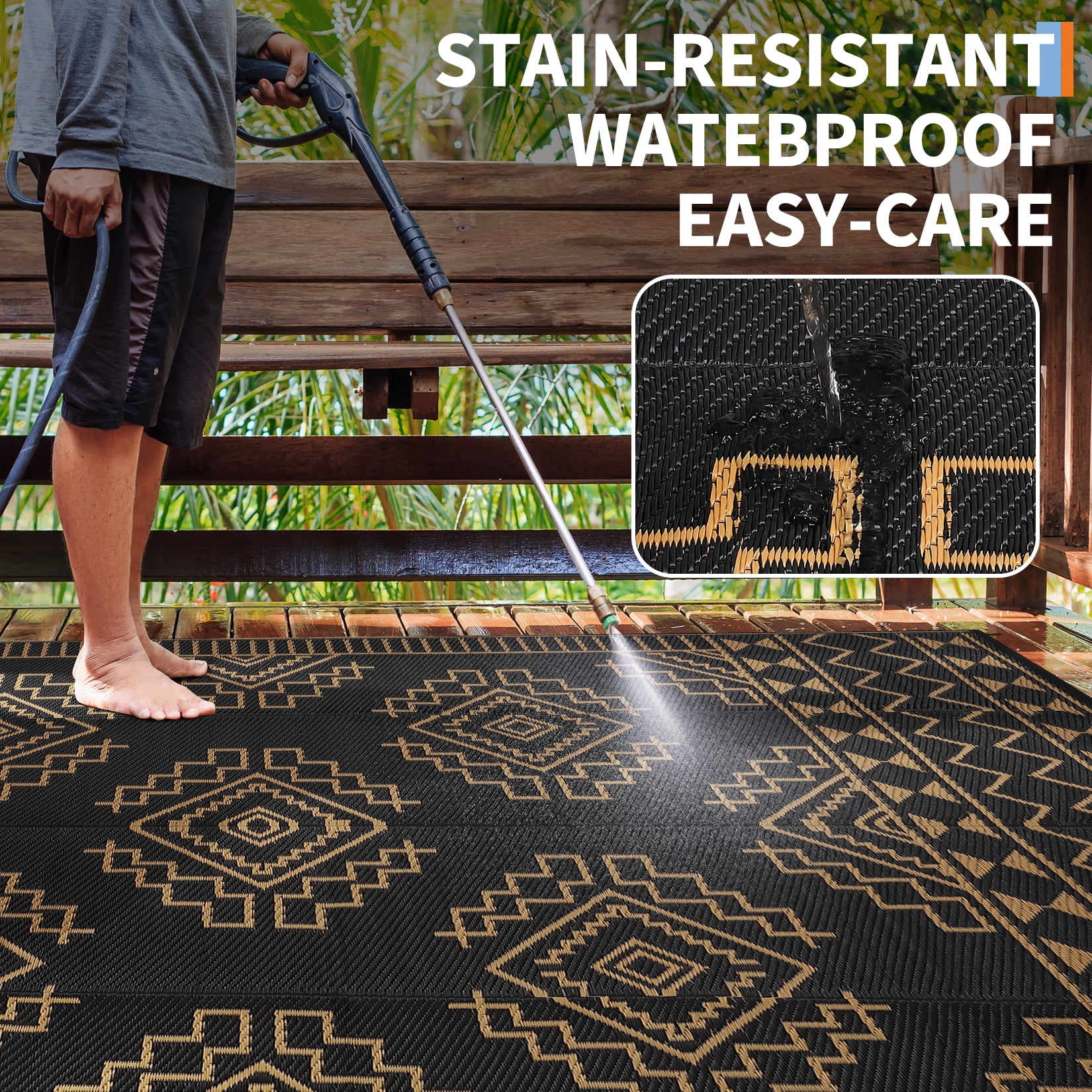 Nanan 9'x12' Outdoor Rug Geometric Waterproof Plastic Straw Rug, Reversible Portable Camping Rug for Patio Balcony Deck Backyard, Black Brown