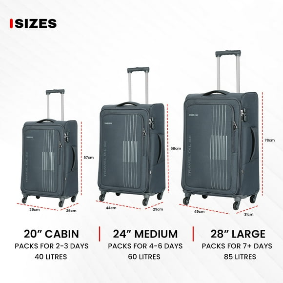 Emblem Punch 20''/24''/28'' Set of 3-Piece Softside Spinner Luggage Set, 1200D Lightweight with 360 Degree Wheels, and Expandable Trolley Bag-Cabin Grey