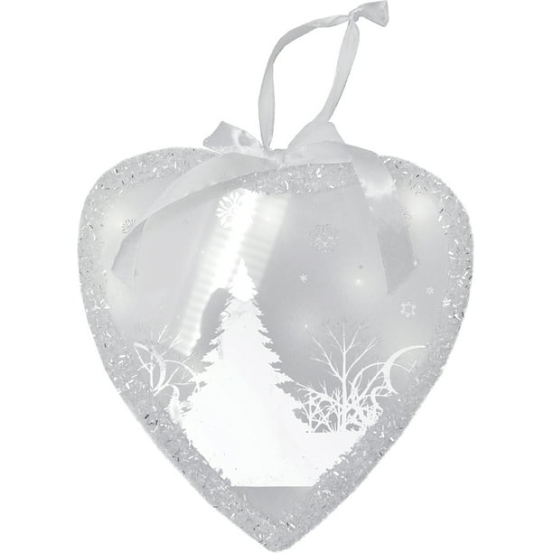 Northlight 8" Blanc Pré-Éclairé A Mené l'Ornement de Coeur Scintillant de Noël de Scène de Bois d'Hiver