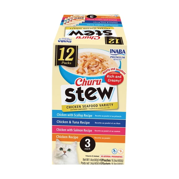 Inaba Churu Stew Lickable Wet Cat Topper, 1.4 oz Pouch, 12 Pouches, Chicken & Seafood Var.