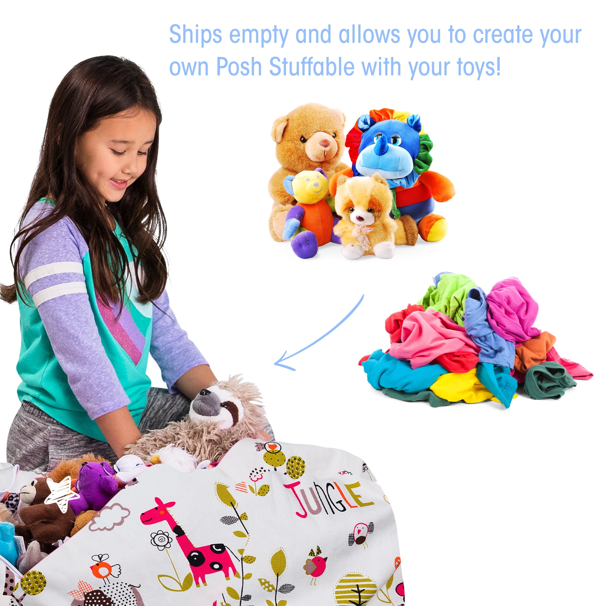 Posh Creations Bean Bag Stuffable Cover Only-Toy Organizer,Canvas,Kids,3 ft, Jungle Animals on White