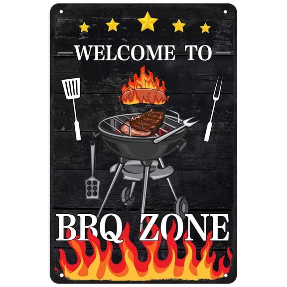 Welcome to BBQ Zone Tin Sign Vintage BBQ Metal Sign BBQ Signs Grilling Signs Decor Outdoor Barbecue Sign BBQ Grill Tin Sign Camping Grilling Wall Decor Size: 8 x 12 inch
