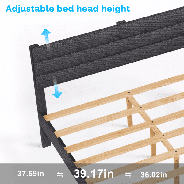Queen Size Upholstered Platform Bed Frame, Dark Gray Linen-Like Fabric with Horizontal Stripe Tufted Headboard, Adjustable Height, No Box Spring Needed