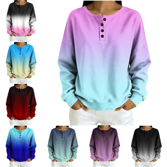 Zysthvn Casual Sweatshirts for women Henley Winter Pullover Long Sleeve Womens Sweatshirts Crewneck Button Gradient Tops