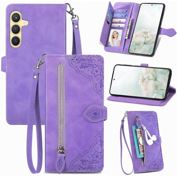for Galaxy S24 5G Phone Case Wallet,S24 5G Wallet Case for Women,Emboss PU Leather Protective Cover Zipper Card Holder Flip Phone Case for Samsung Galaxy S24 5G (Purple)