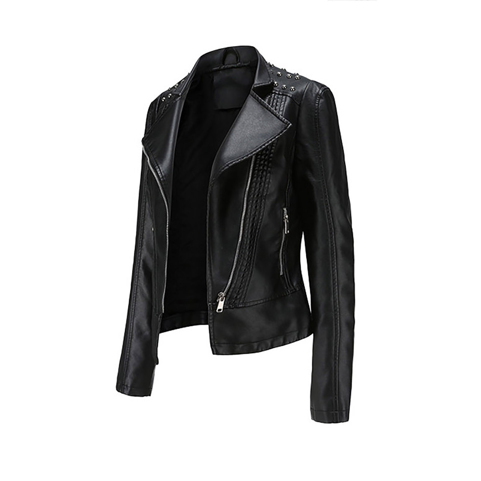 Leather Jacket for Women Fashion Faux Leather Zipper Motorcycle Jacket Plus Size Leather Tops Moto Biker Short - image 5 of 7