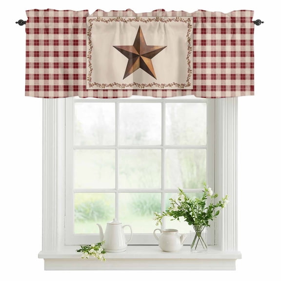 Barn Star Texas Valances for Windows, Rod Pocket Kitchen Valance Curtains - Soft & Washable Small Window Treatment for Living Room, Bathroom, Berry Retro Country Red Plaid 54x18inch, 1 Panel