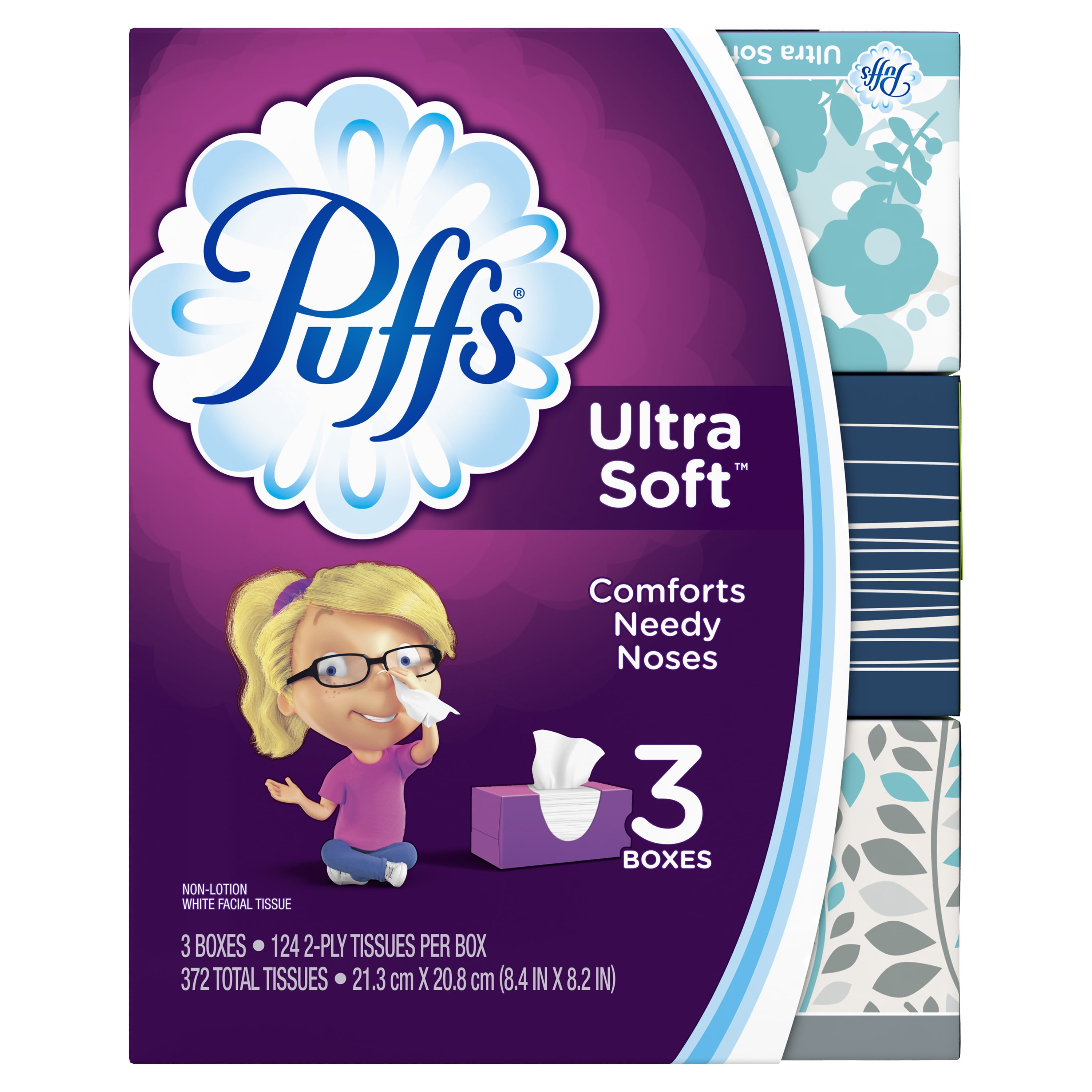Puffs Ultra Soft NonLotion Facial Tissue, 3 Family Boxes 372 Tissues