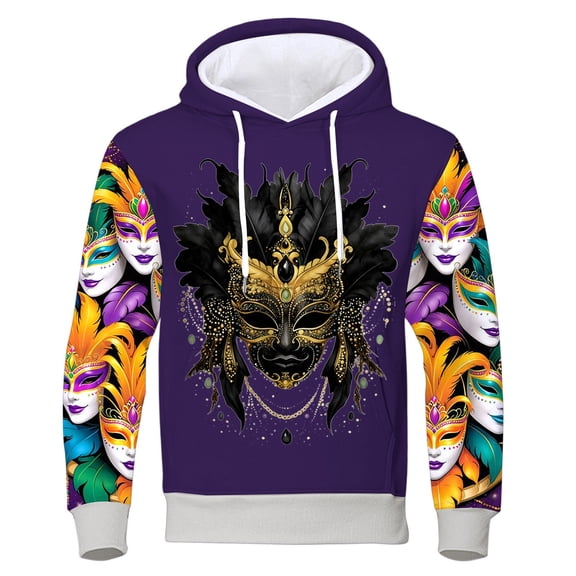 XIAOCHA mens Hoodie Mardi Gras Loose Long Sleeve Hooded Spring Pullover Soft Mask Pattern Casual Top