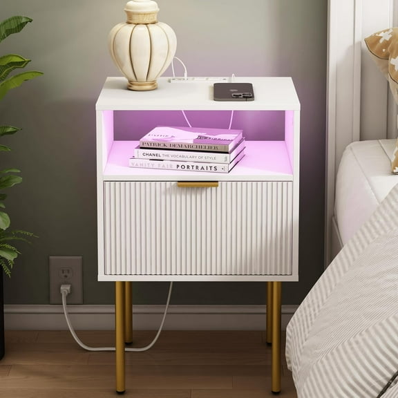 Modern nightstand with charging station and LED light, white nightstand with drawers