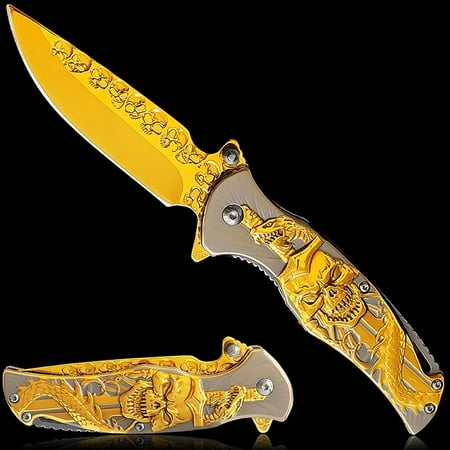 skull Pocket Knife Cool Pocket Folding Knife 3D TITANIUM-PLATED SKULL EDC knife For Men Outdoor Survival Camping Great Christmas Gift (Gold)