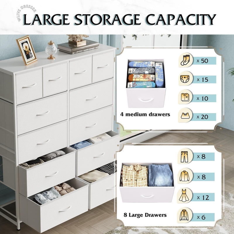 Kelno 12 Drawer Fabric Dresser Storage Tower Sturdy Steel Frame Wood Top Organizer, White